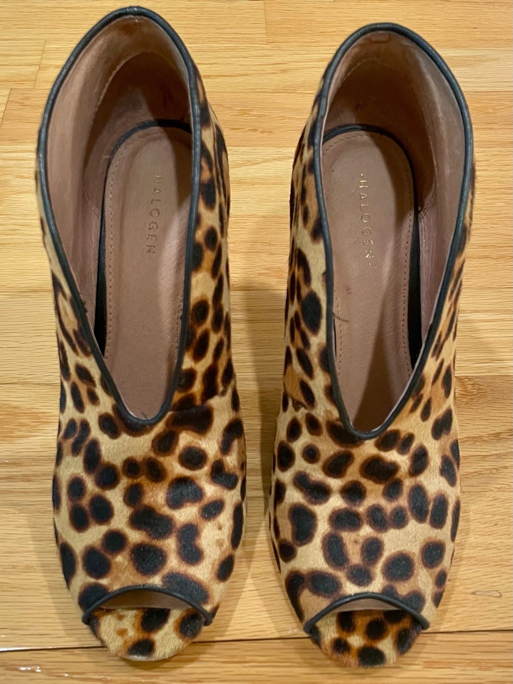 Halogen Leopard Print Calf Hair Peep Toe Heels – Black Trim